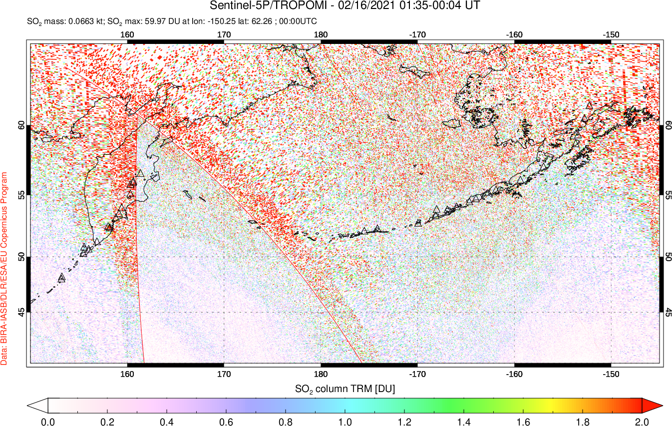 A sulfur dioxide image over North Pacific on Feb 16, 2021.