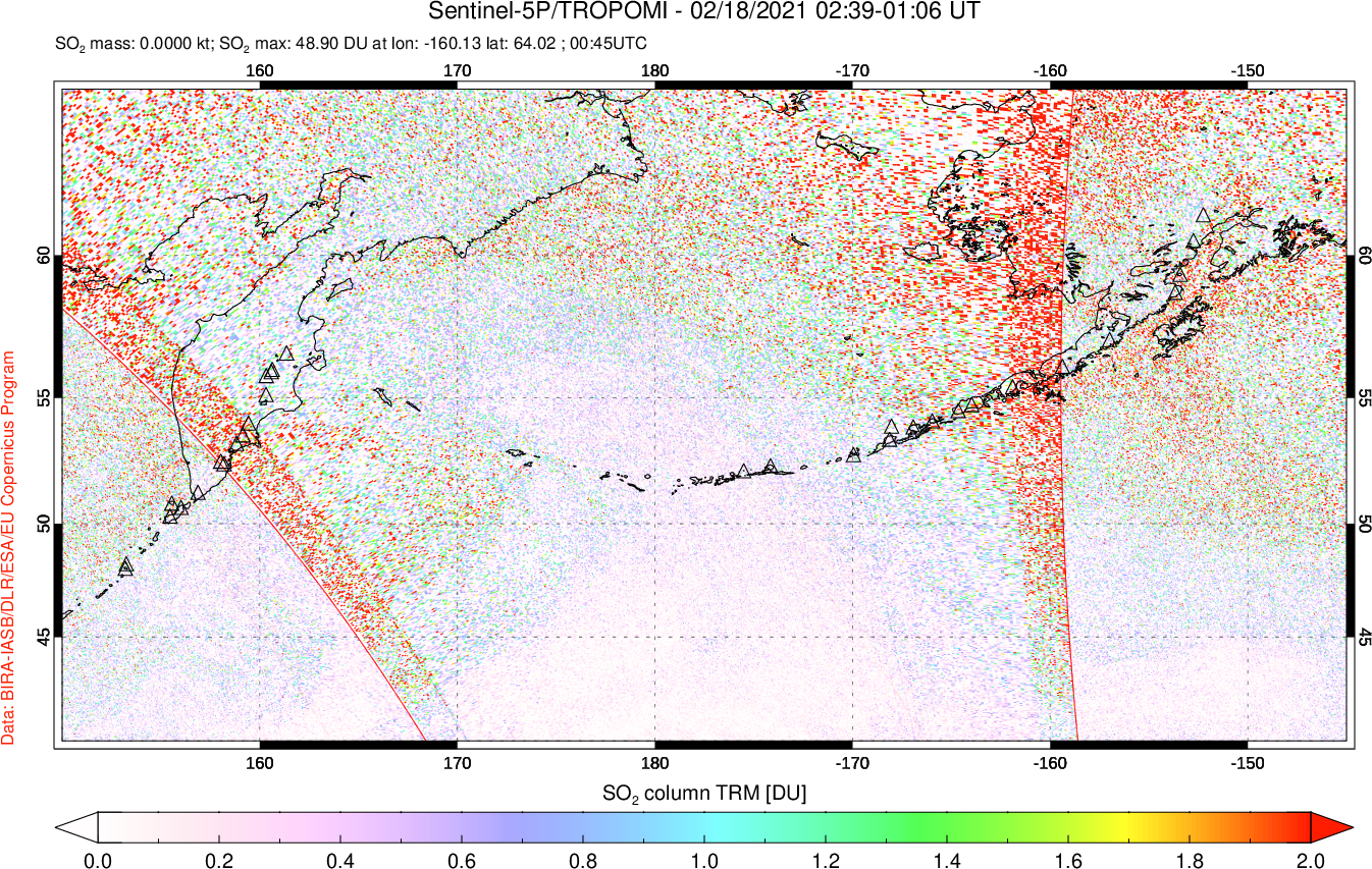 A sulfur dioxide image over North Pacific on Feb 18, 2021.