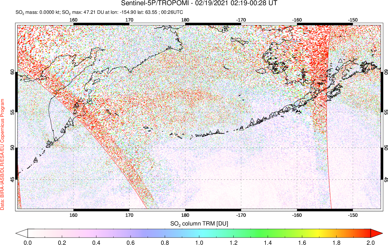A sulfur dioxide image over North Pacific on Feb 19, 2021.