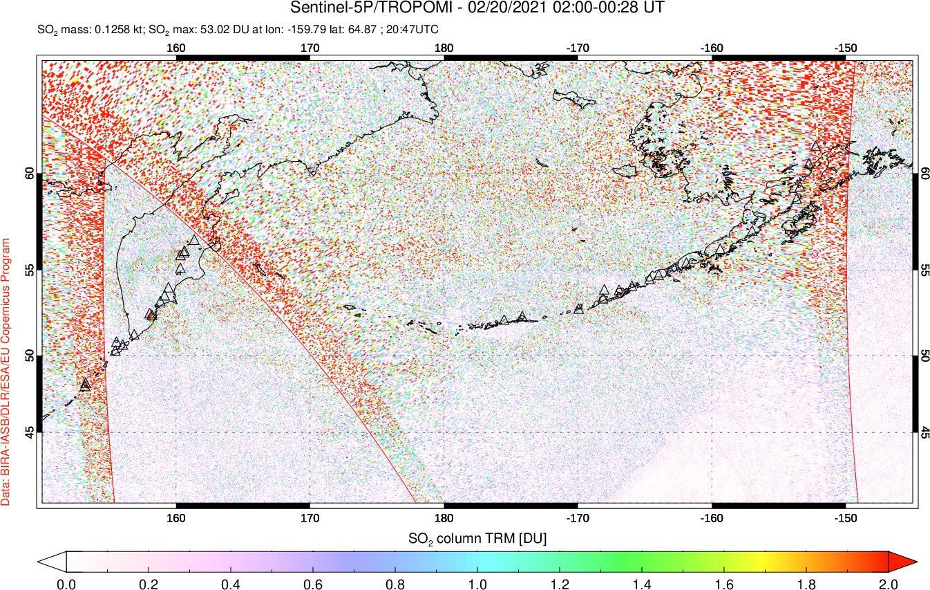 A sulfur dioxide image over North Pacific on Feb 20, 2021.