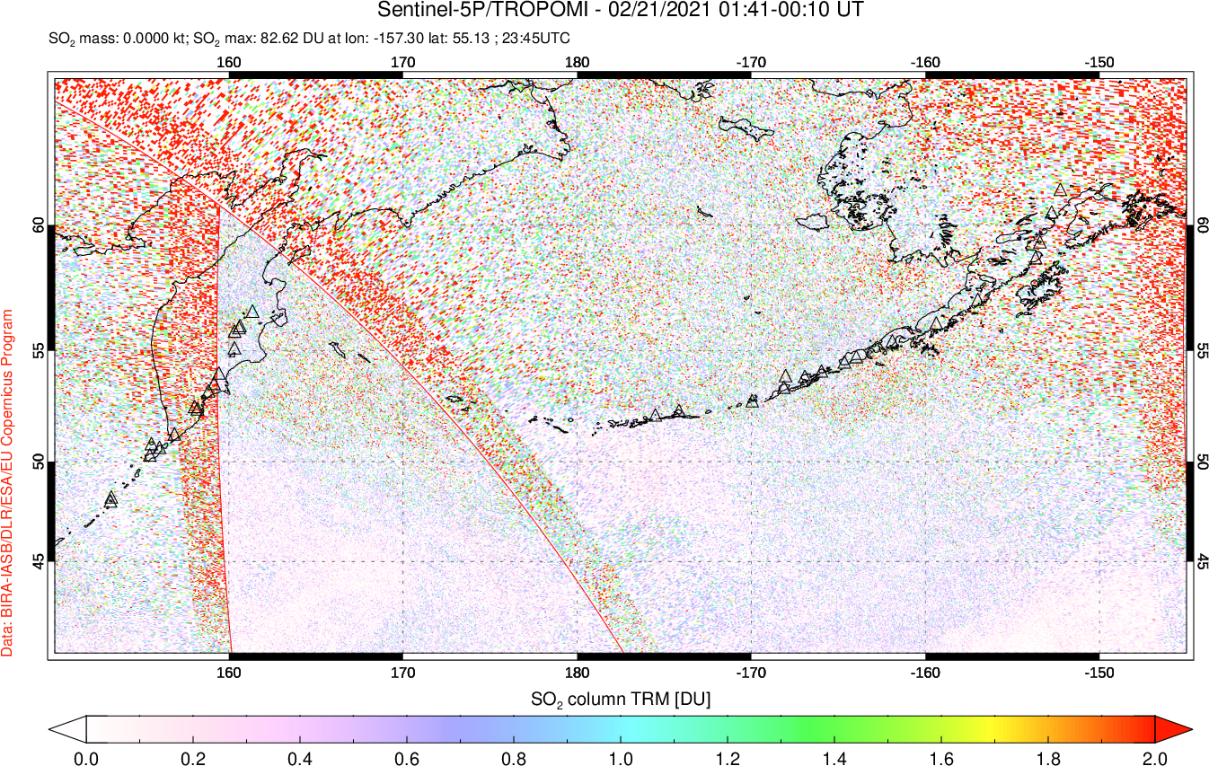 A sulfur dioxide image over North Pacific on Feb 21, 2021.