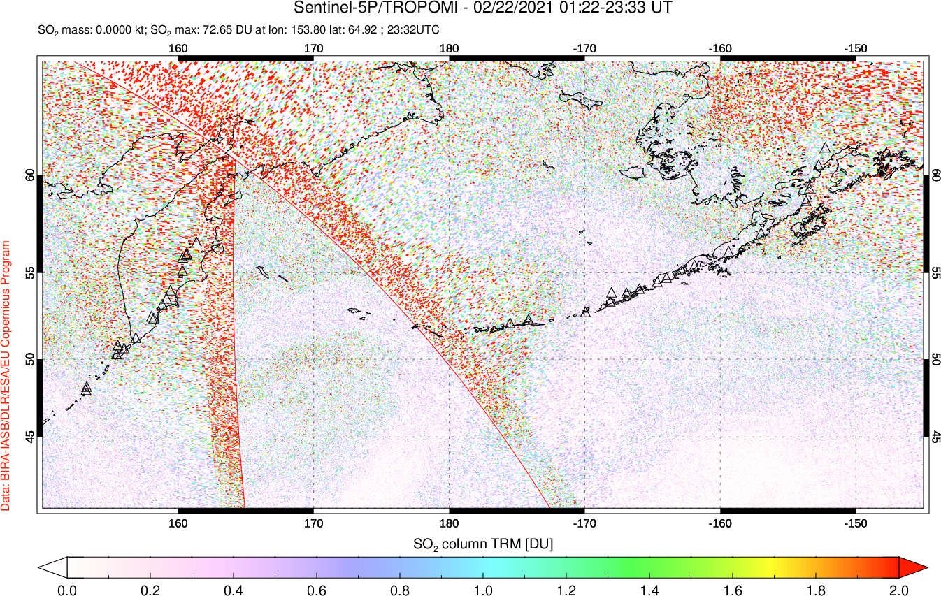 A sulfur dioxide image over North Pacific on Feb 22, 2021.