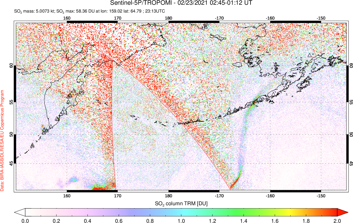 A sulfur dioxide image over North Pacific on Feb 23, 2021.