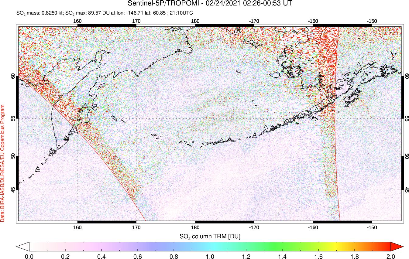 A sulfur dioxide image over North Pacific on Feb 24, 2021.