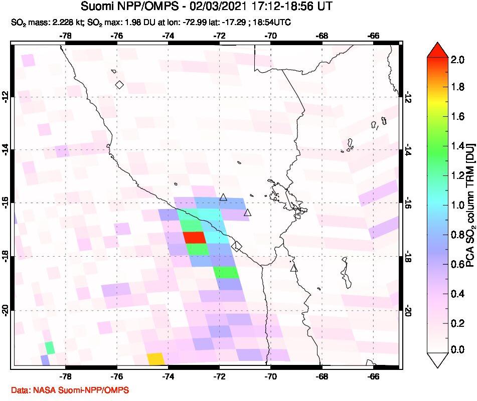 A sulfur dioxide image over Peru on Feb 03, 2021.