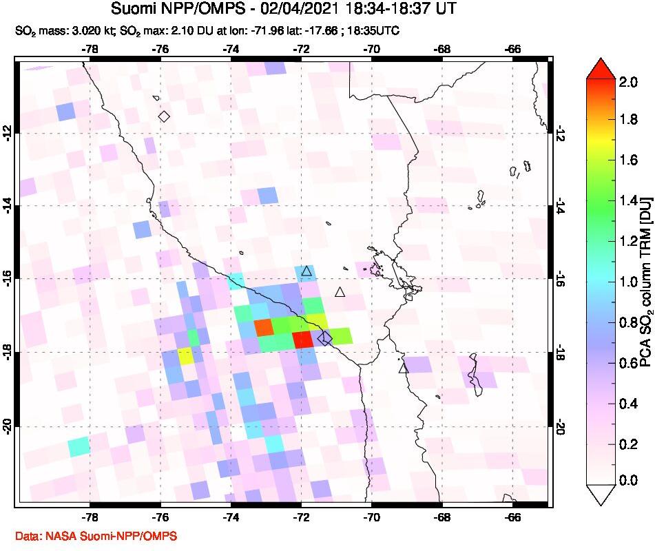 A sulfur dioxide image over Peru on Feb 04, 2021.