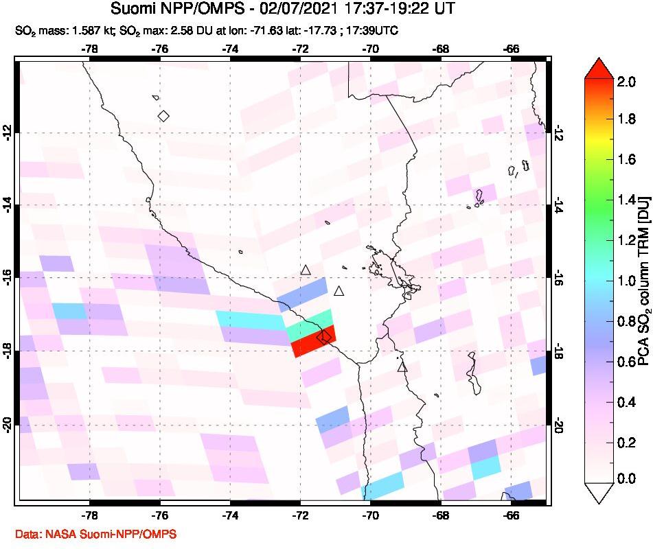 A sulfur dioxide image over Peru on Feb 07, 2021.