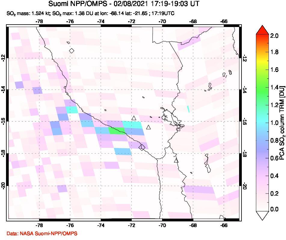 A sulfur dioxide image over Peru on Feb 08, 2021.