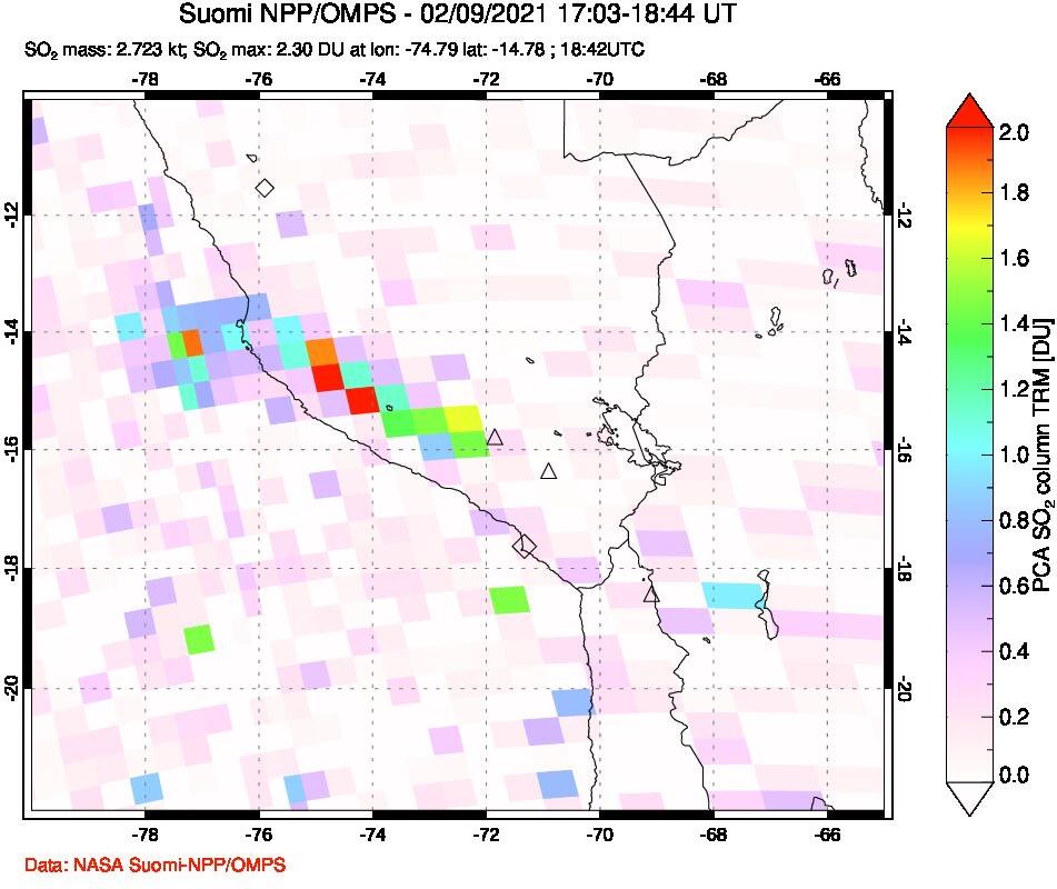 A sulfur dioxide image over Peru on Feb 09, 2021.