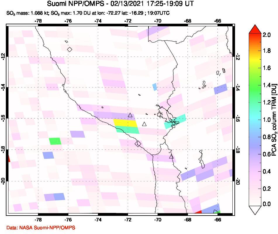 A sulfur dioxide image over Peru on Feb 13, 2021.