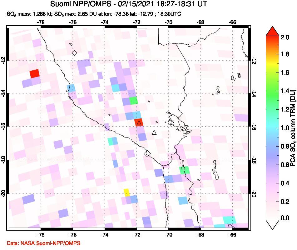 A sulfur dioxide image over Peru on Feb 15, 2021.