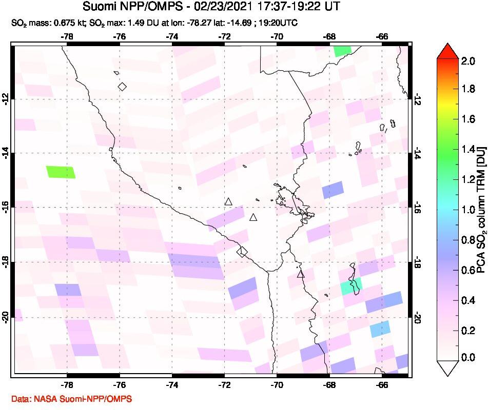A sulfur dioxide image over Peru on Feb 23, 2021.