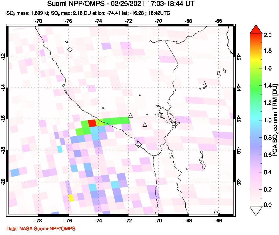 A sulfur dioxide image over Peru on Feb 25, 2021.