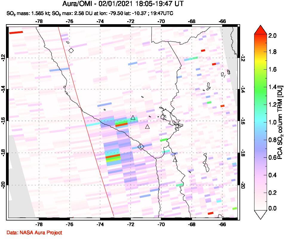 A sulfur dioxide image over Peru on Feb 01, 2021.