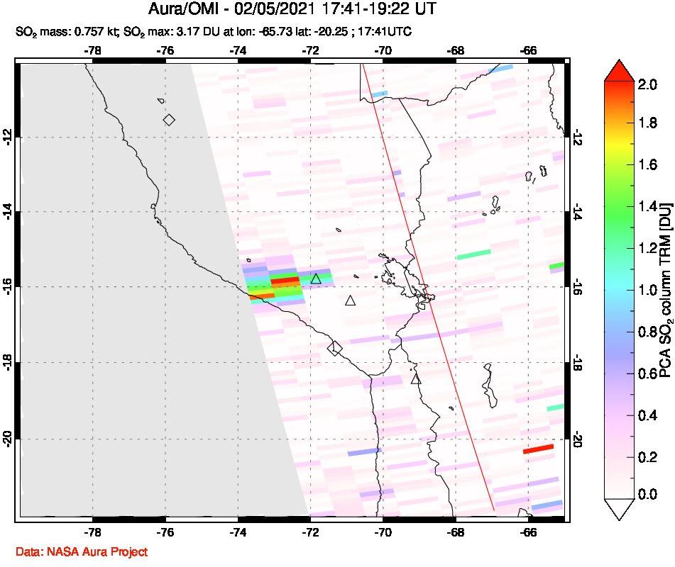A sulfur dioxide image over Peru on Feb 05, 2021.