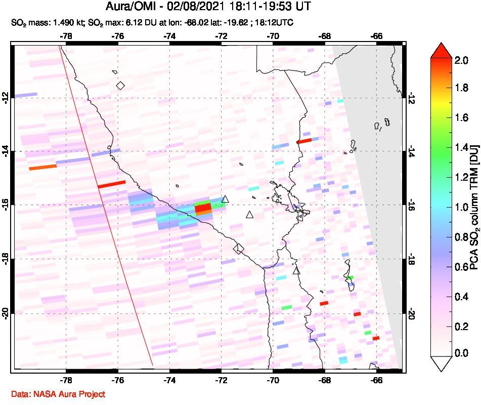 A sulfur dioxide image over Peru on Feb 08, 2021.