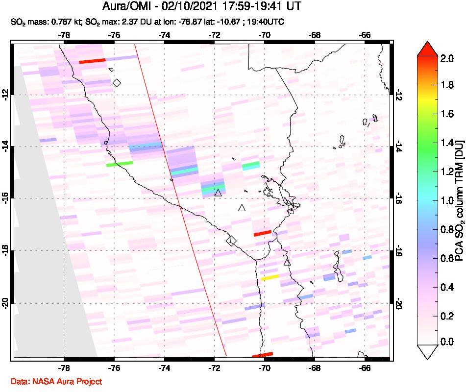 A sulfur dioxide image over Peru on Feb 10, 2021.