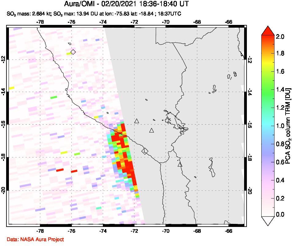 A sulfur dioxide image over Peru on Feb 20, 2021.