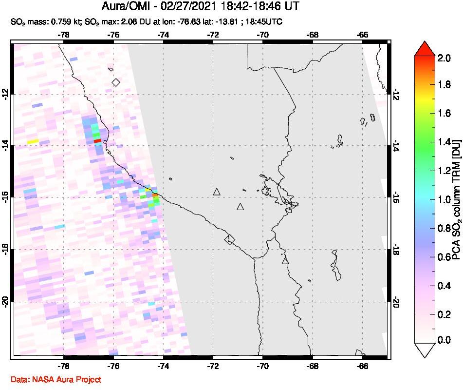 A sulfur dioxide image over Peru on Feb 27, 2021.