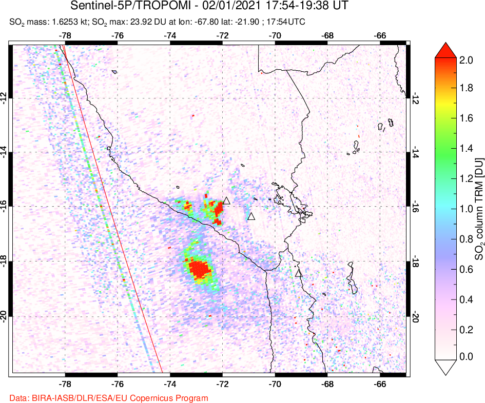 A sulfur dioxide image over Peru on Feb 01, 2021.