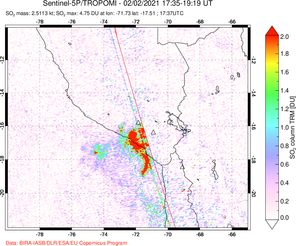 A sulfur dioxide image over Peru on Feb 02, 2021.