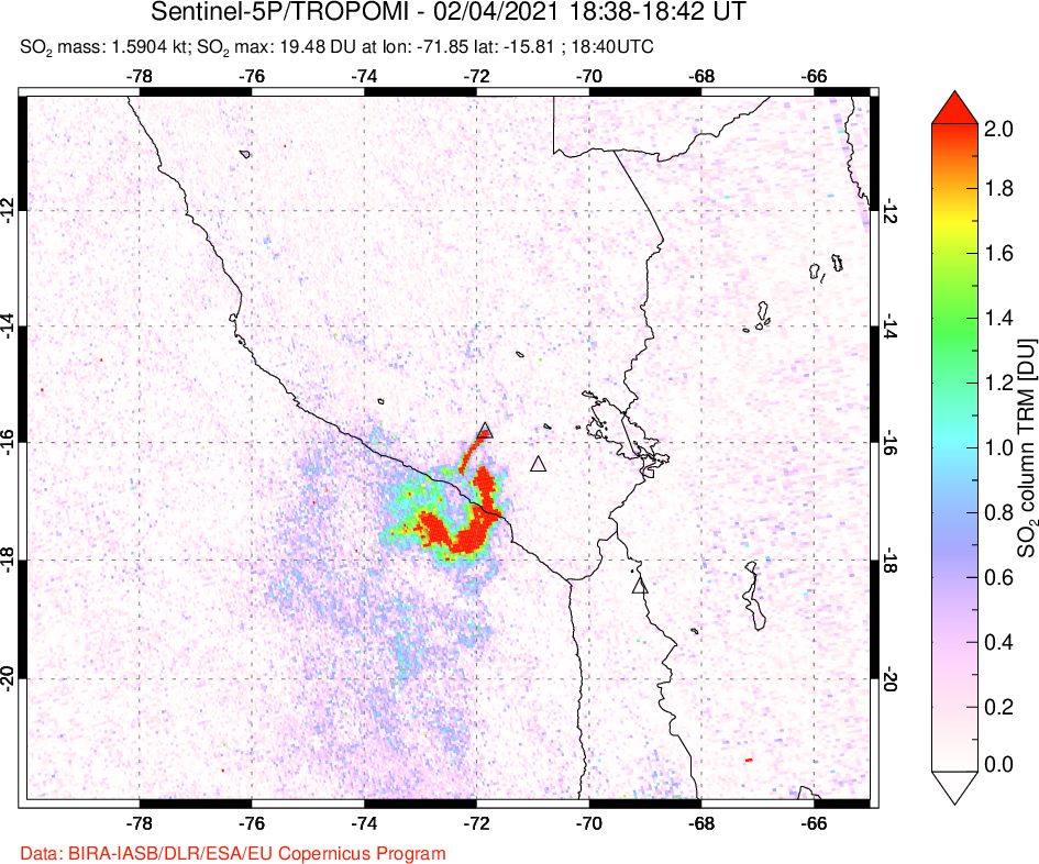 A sulfur dioxide image over Peru on Feb 04, 2021.