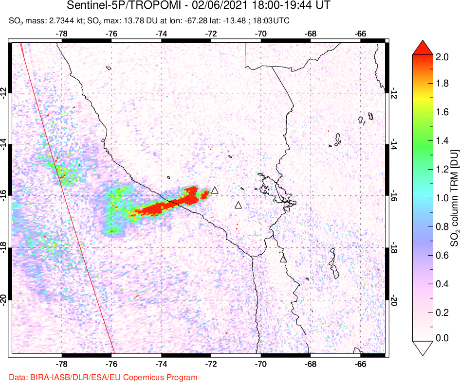 A sulfur dioxide image over Peru on Feb 06, 2021.