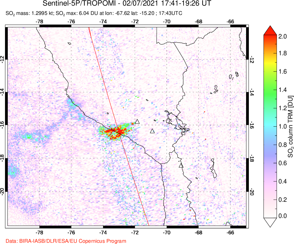 A sulfur dioxide image over Peru on Feb 07, 2021.