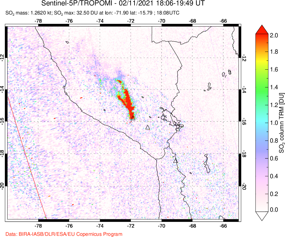 A sulfur dioxide image over Peru on Feb 11, 2021.
