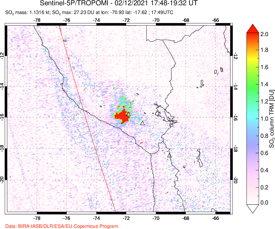 A sulfur dioxide image over Peru on Feb 12, 2021.