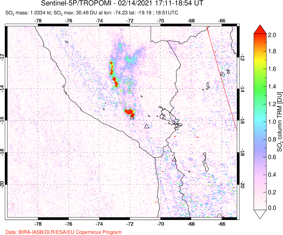 A sulfur dioxide image over Peru on Feb 14, 2021.
