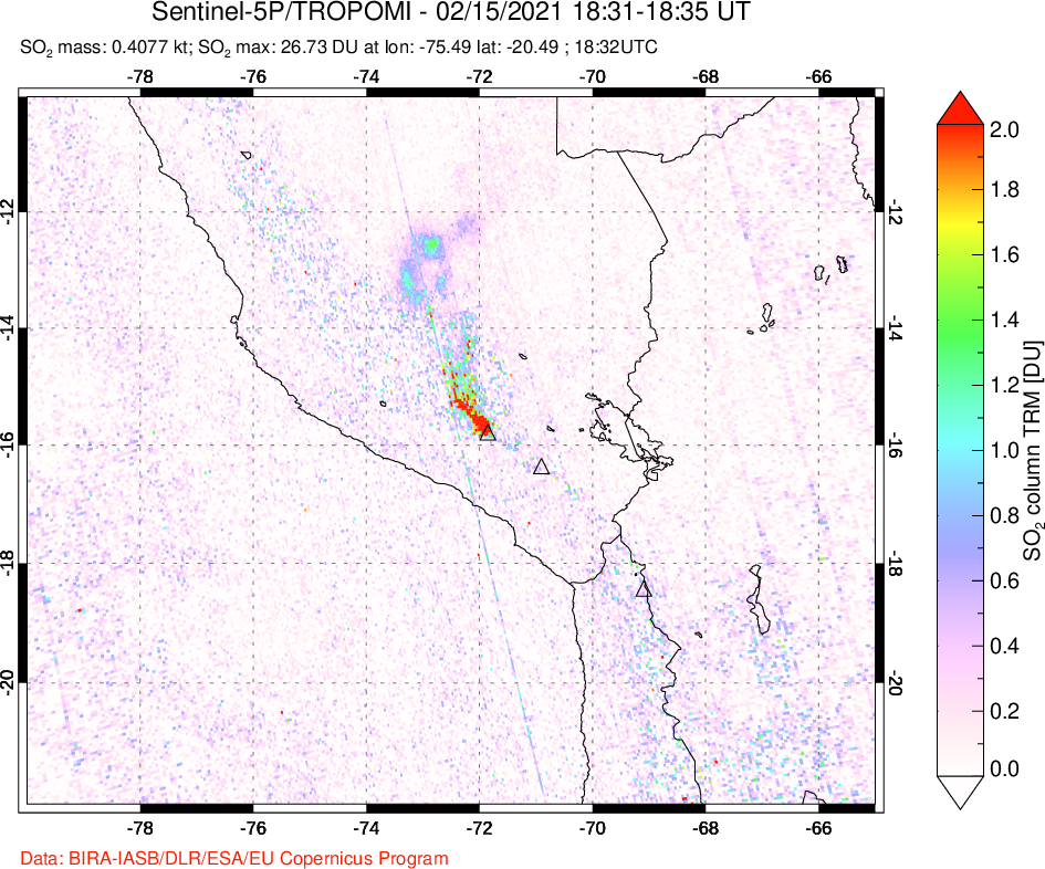 A sulfur dioxide image over Peru on Feb 15, 2021.