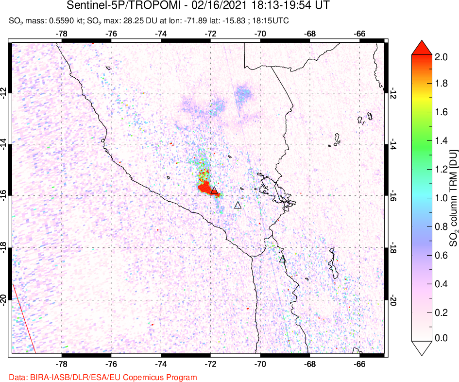 A sulfur dioxide image over Peru on Feb 16, 2021.