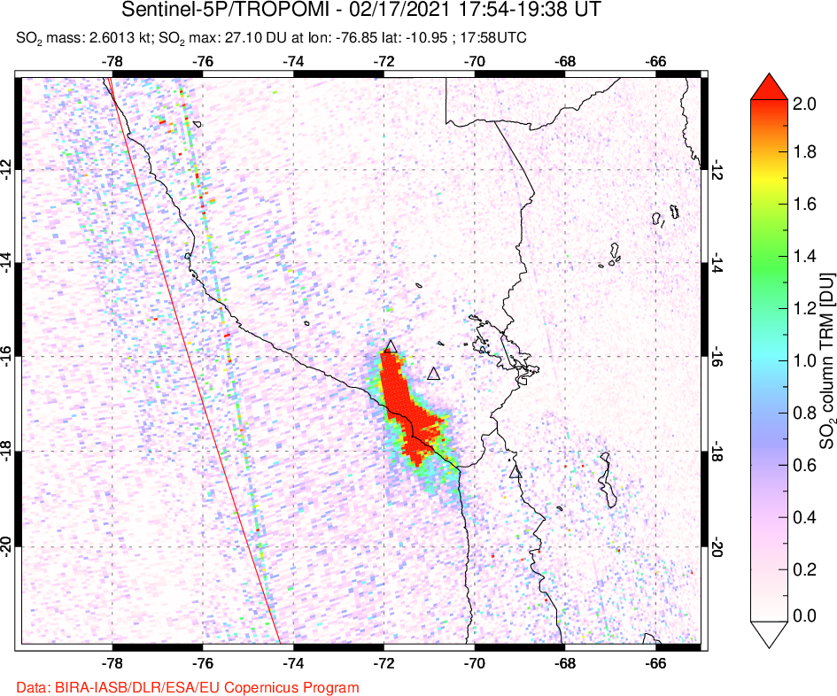 A sulfur dioxide image over Peru on Feb 17, 2021.