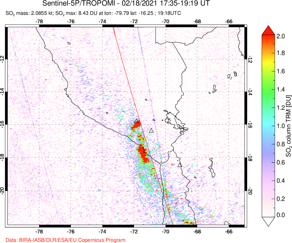 A sulfur dioxide image over Peru on Feb 18, 2021.