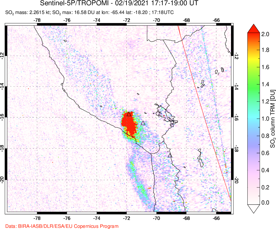 A sulfur dioxide image over Peru on Feb 19, 2021.