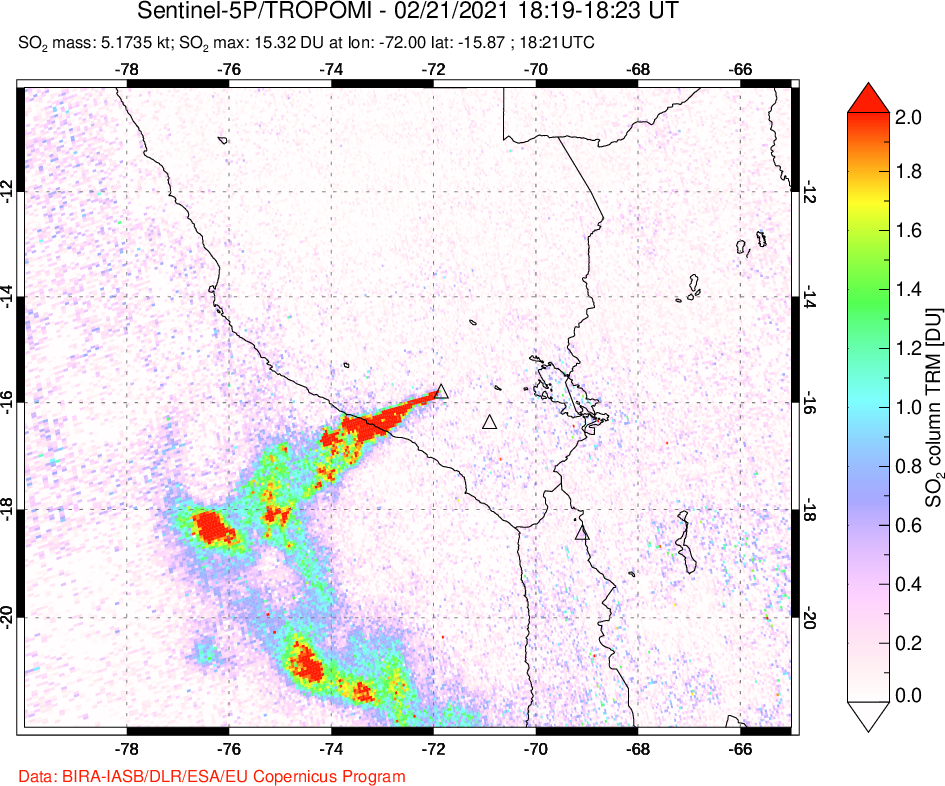 A sulfur dioxide image over Peru on Feb 21, 2021.