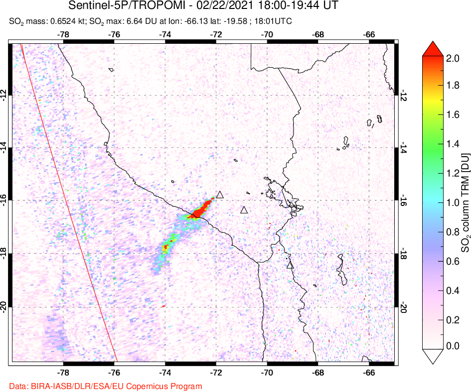 A sulfur dioxide image over Peru on Feb 22, 2021.