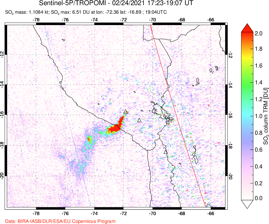 A sulfur dioxide image over Peru on Feb 24, 2021.