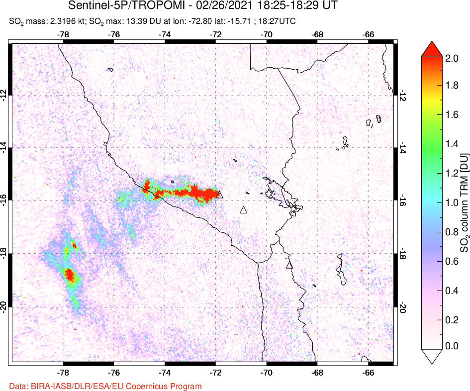 A sulfur dioxide image over Peru on Feb 26, 2021.