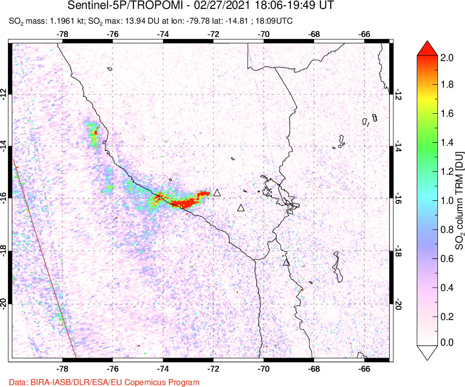 A sulfur dioxide image over Peru on Feb 27, 2021.