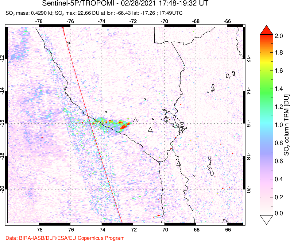 A sulfur dioxide image over Peru on Feb 28, 2021.