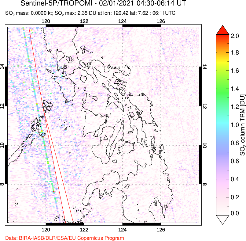A sulfur dioxide image over Philippines on Feb 01, 2021.