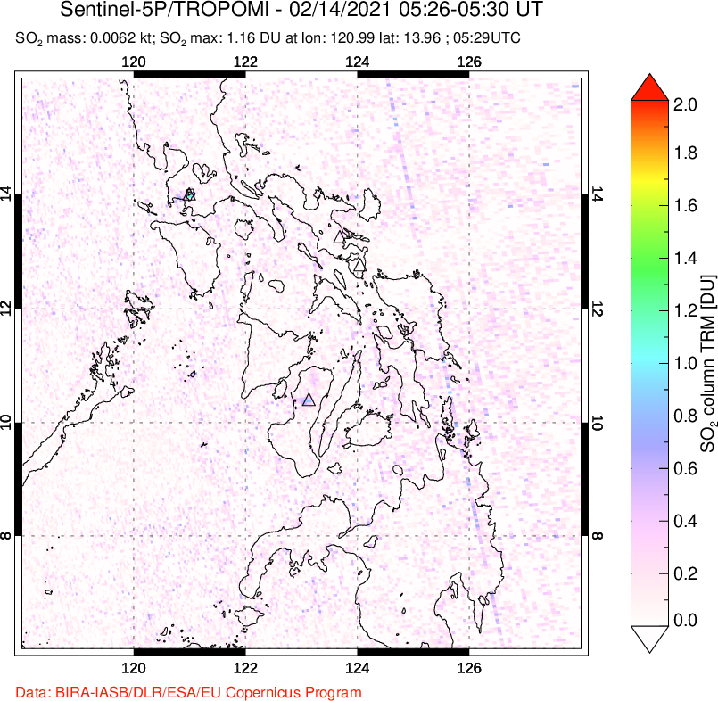 A sulfur dioxide image over Philippines on Feb 14, 2021.