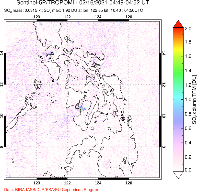 A sulfur dioxide image over Philippines on Feb 16, 2021.