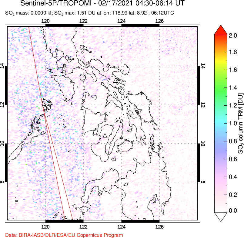A sulfur dioxide image over Philippines on Feb 17, 2021.