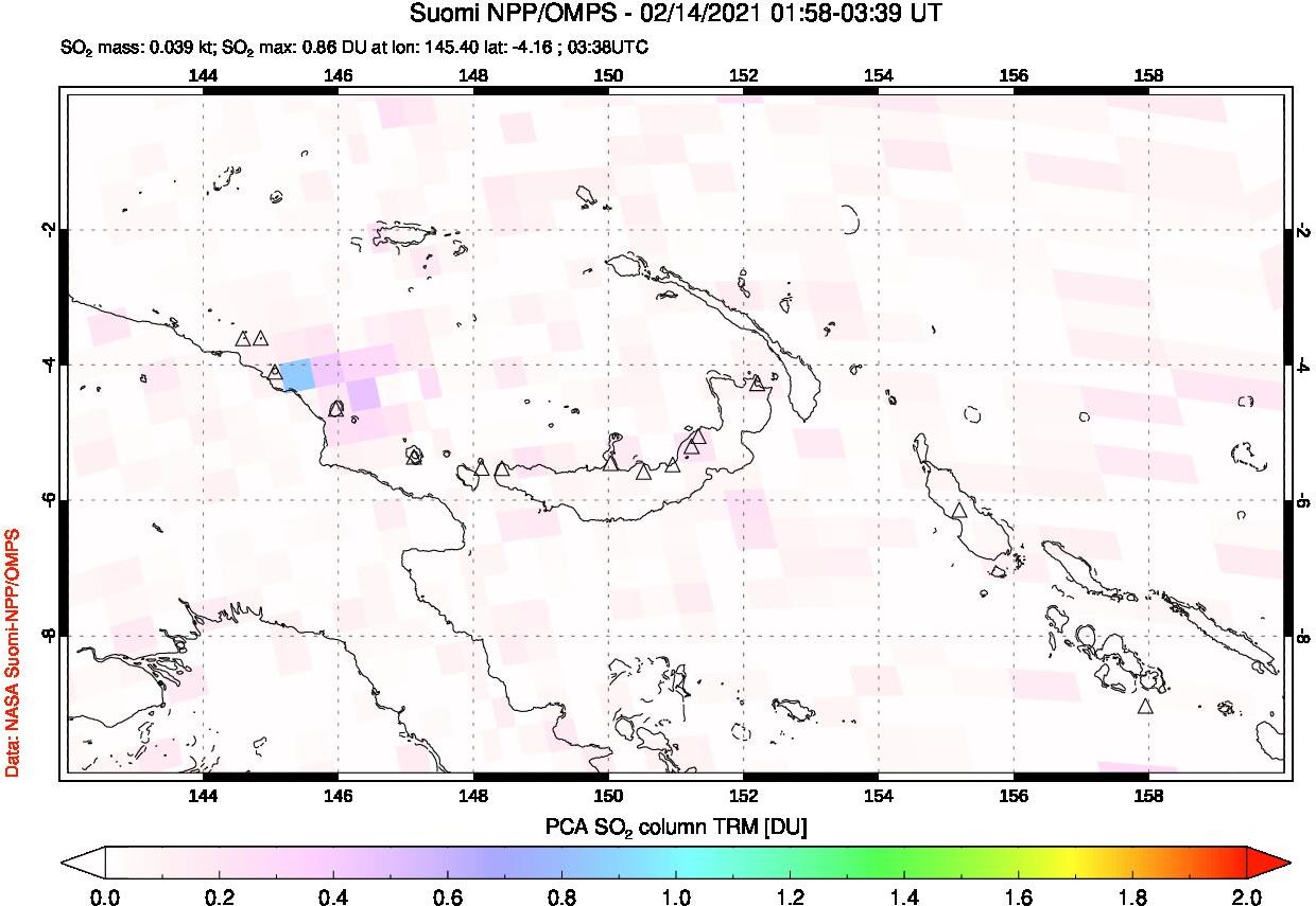 A sulfur dioxide image over Papua, New Guinea on Feb 14, 2021.