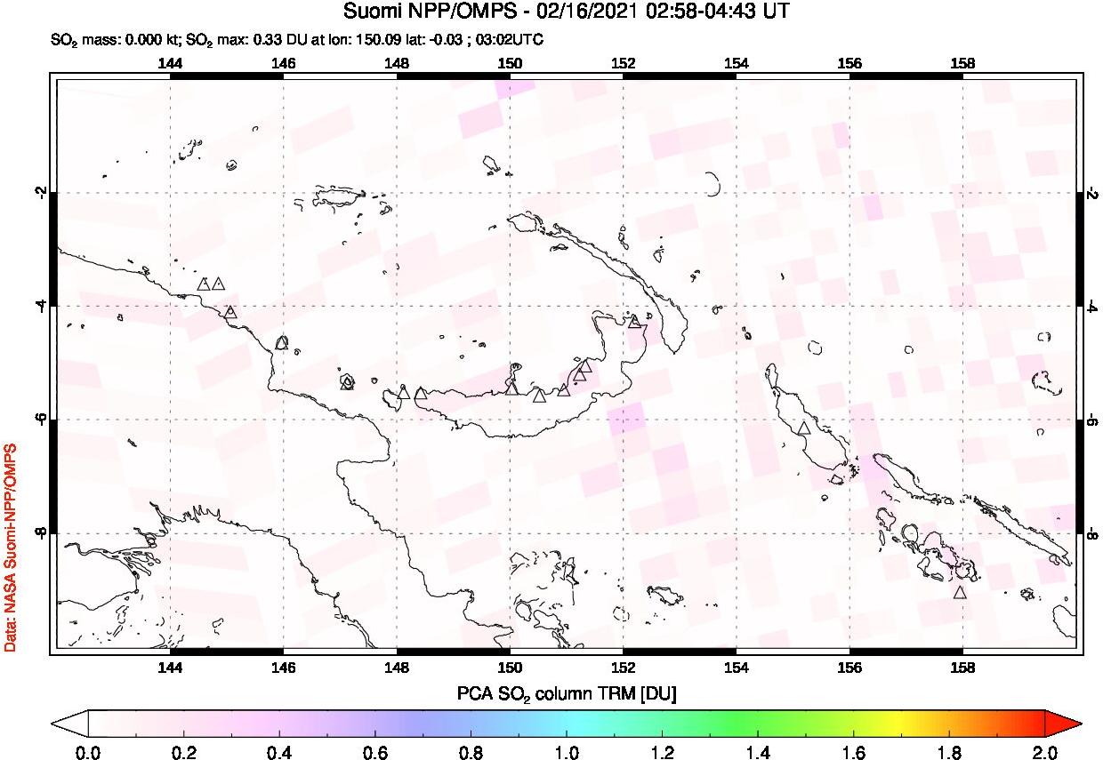 A sulfur dioxide image over Papua, New Guinea on Feb 16, 2021.