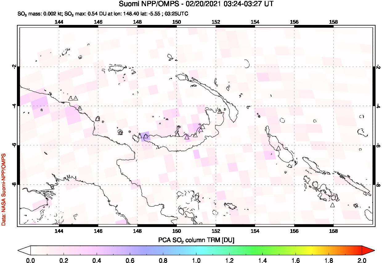 A sulfur dioxide image over Papua, New Guinea on Feb 20, 2021.