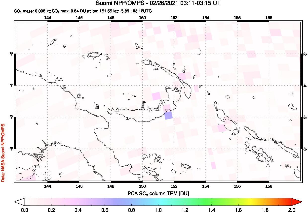 A sulfur dioxide image over Papua, New Guinea on Feb 26, 2021.